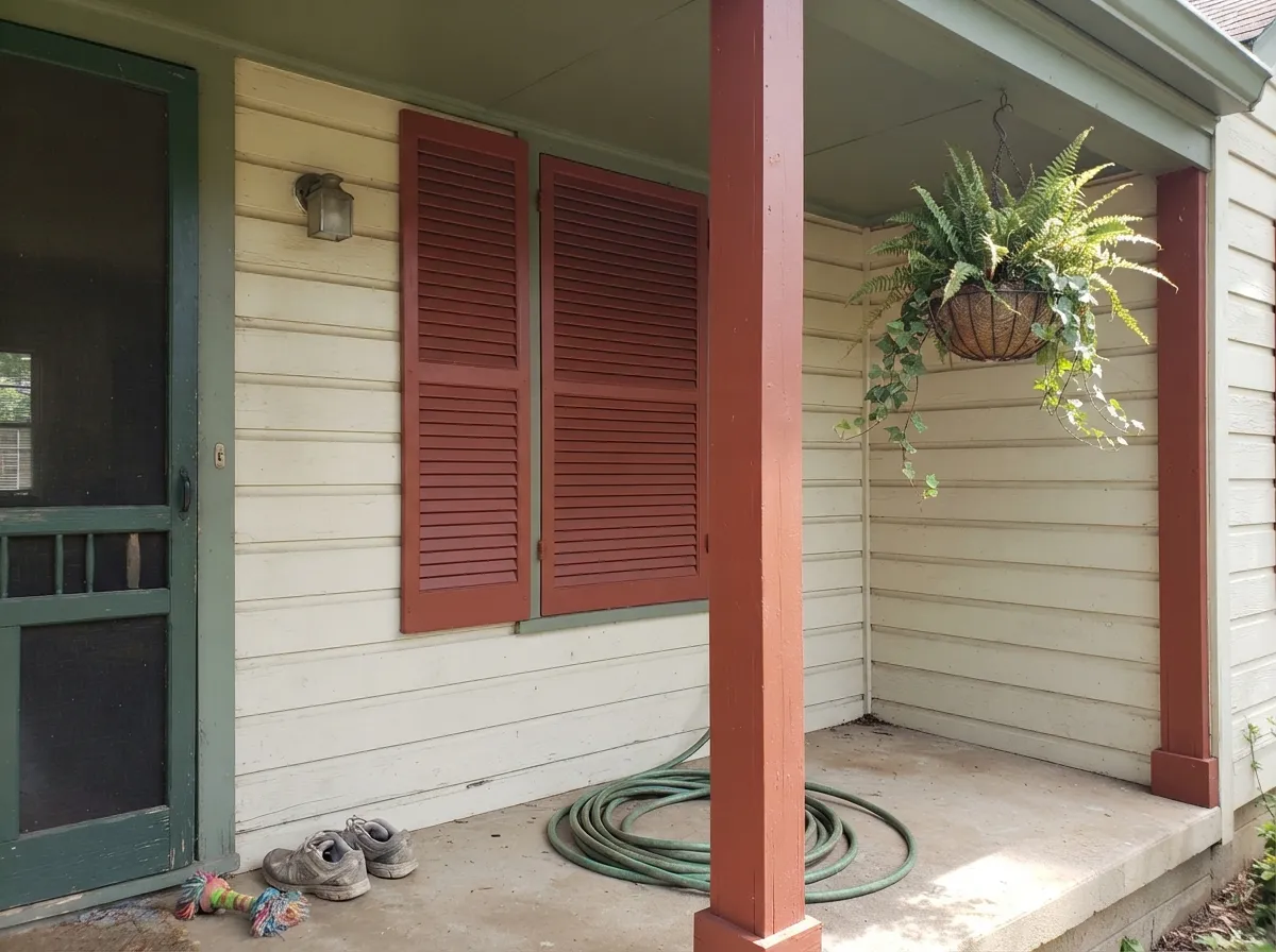 On shutters and trim bands, paired with a muted sage porch ceiling — the historic Craftsman formula, and still the safest way to use this color.