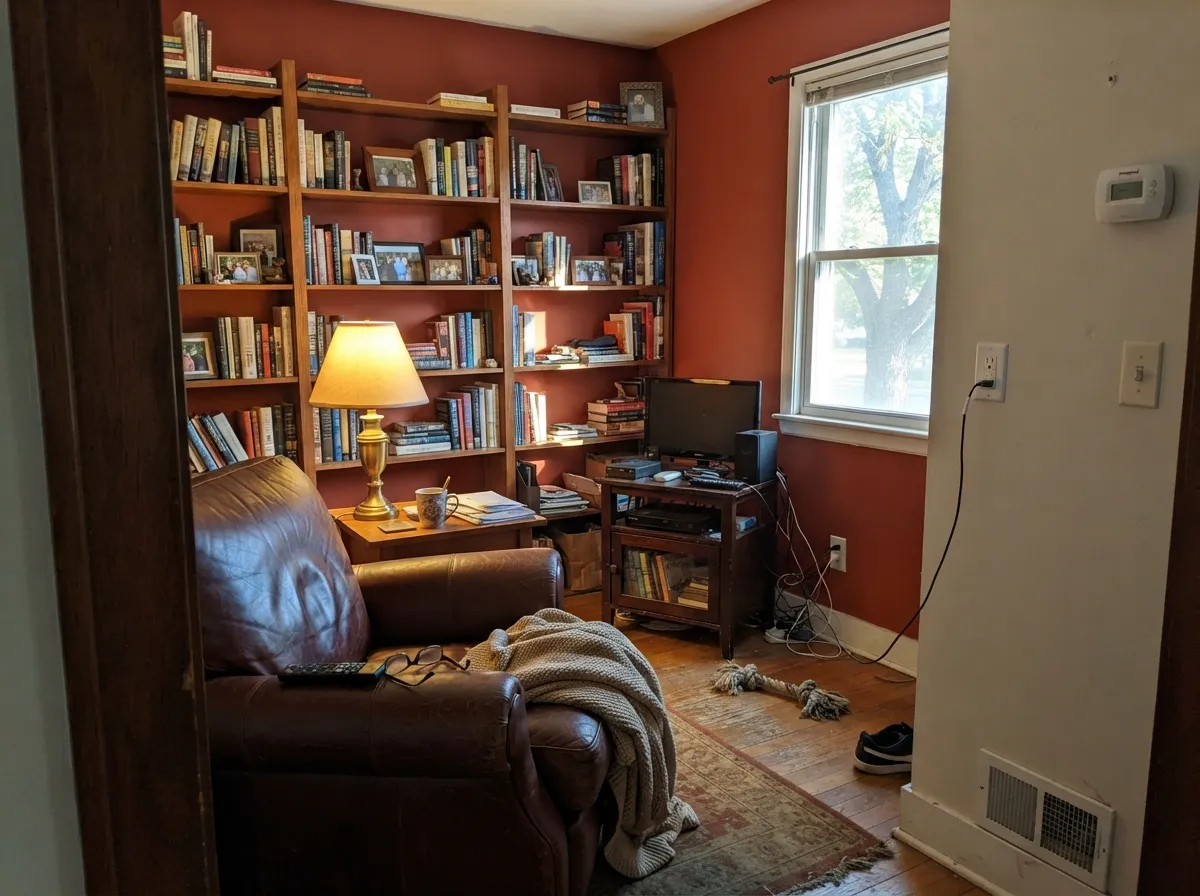 Indoors, with real daylight and a warm lamp, it turns a den into the kind of room the color's Arts and Crafts history promises.