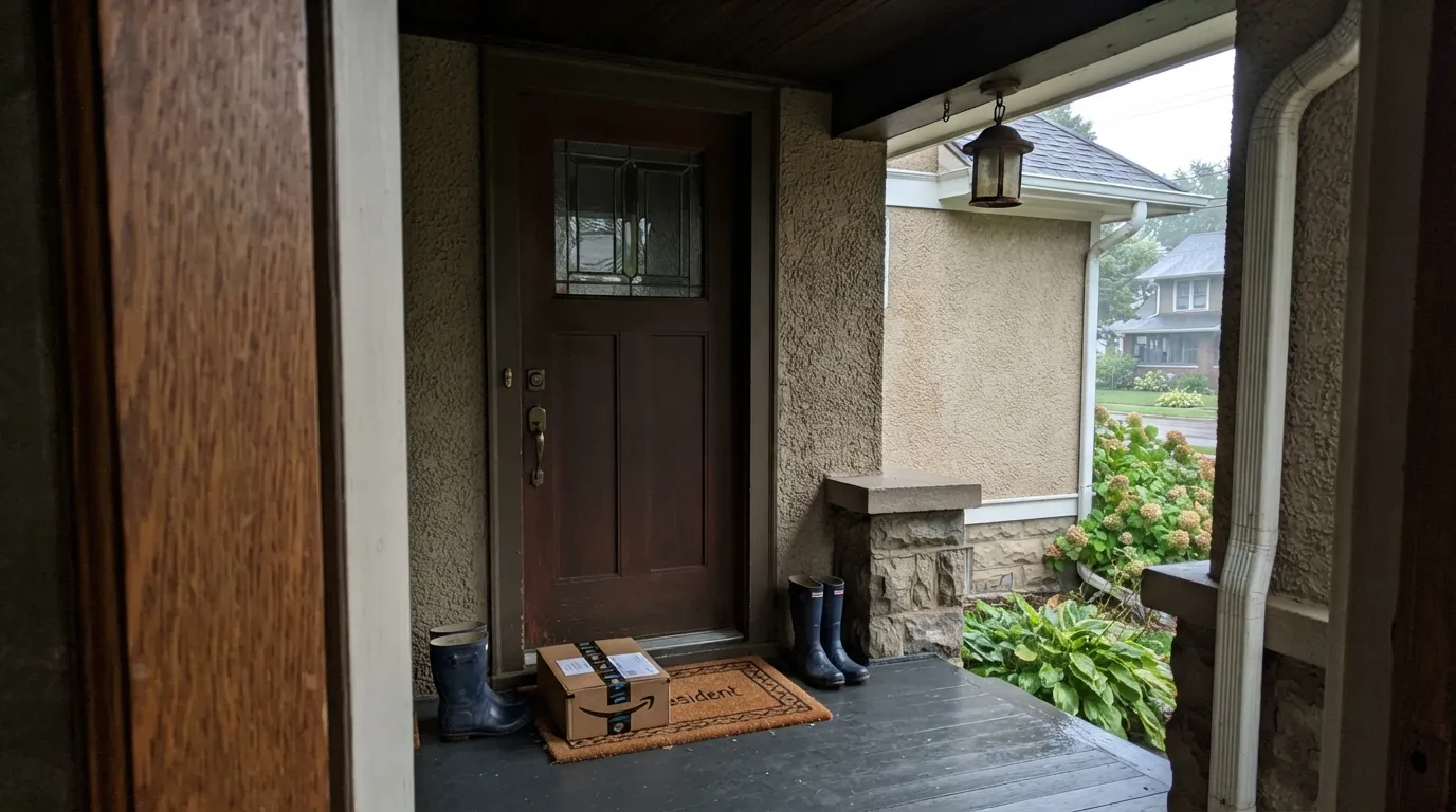 The honest shot: the same door under overcast light, with no direct sun reaching it. The copper disappears and it reads as plain dark brown — the number-one complaint about this color.