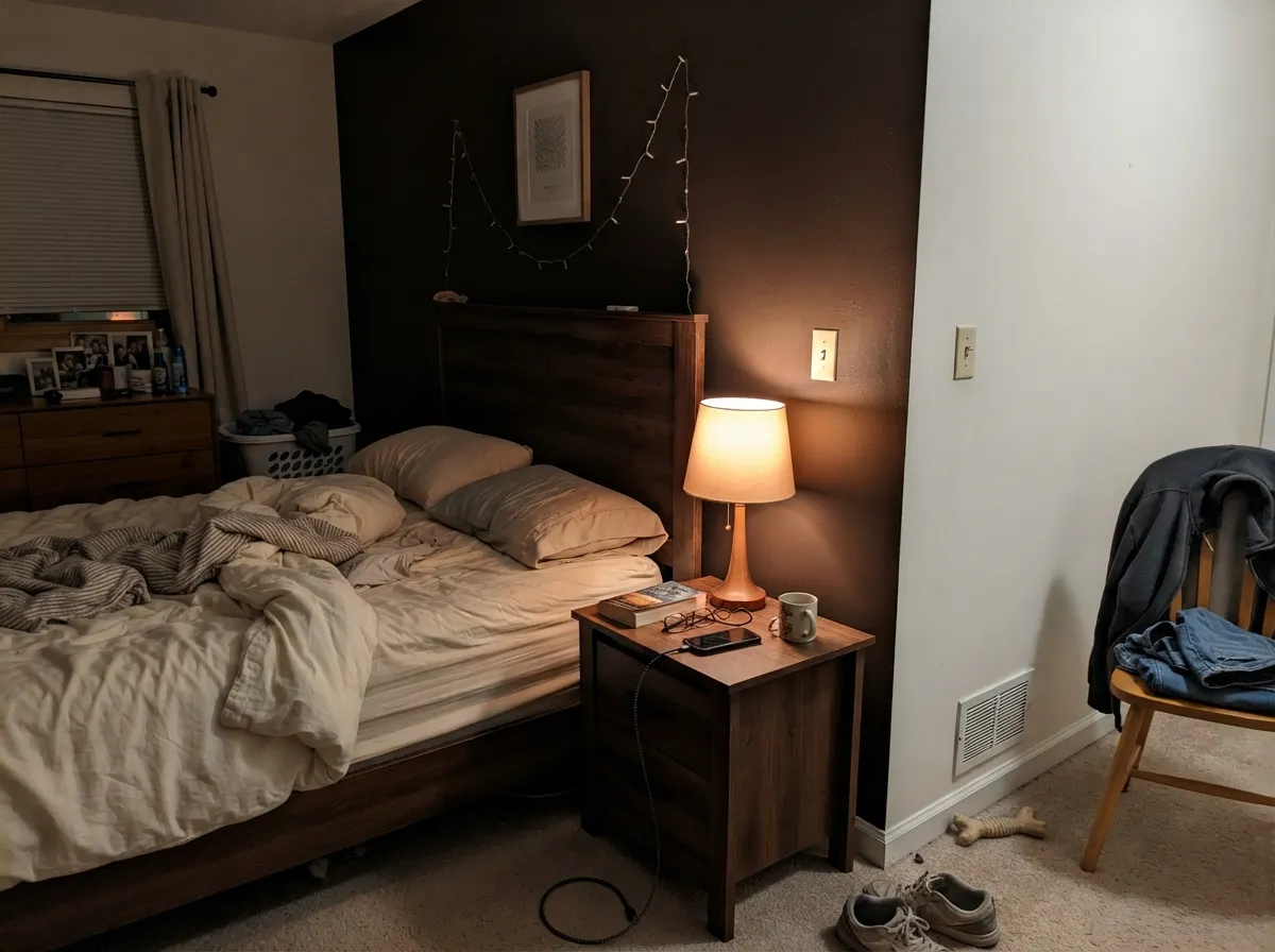 Under a warm lamp at night the red comes forward and the wall goes velvety and cozy — the look owners describe as "a big hug."