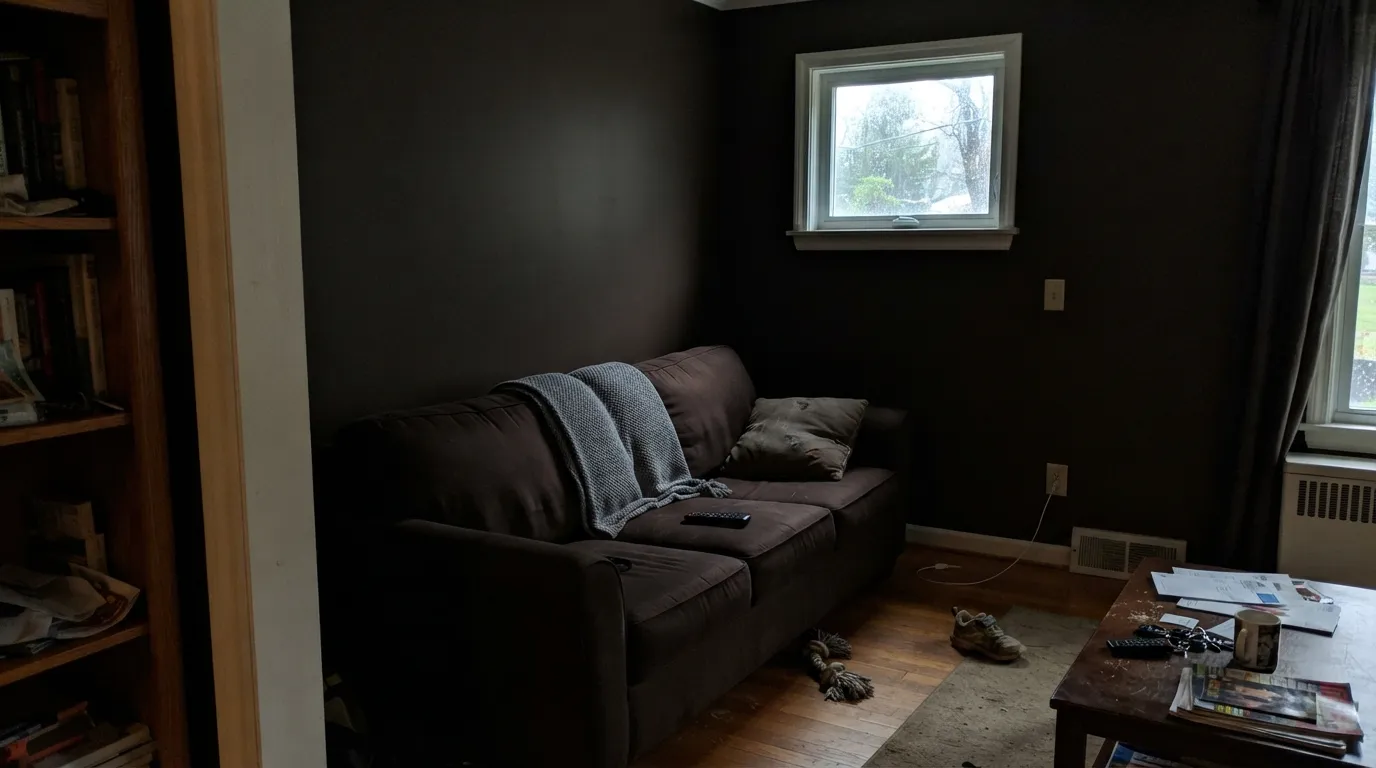 The honest shot: no daylight, no lamps, and the brown identity disappears entirely — this is the exact situation the low-light warnings describe.