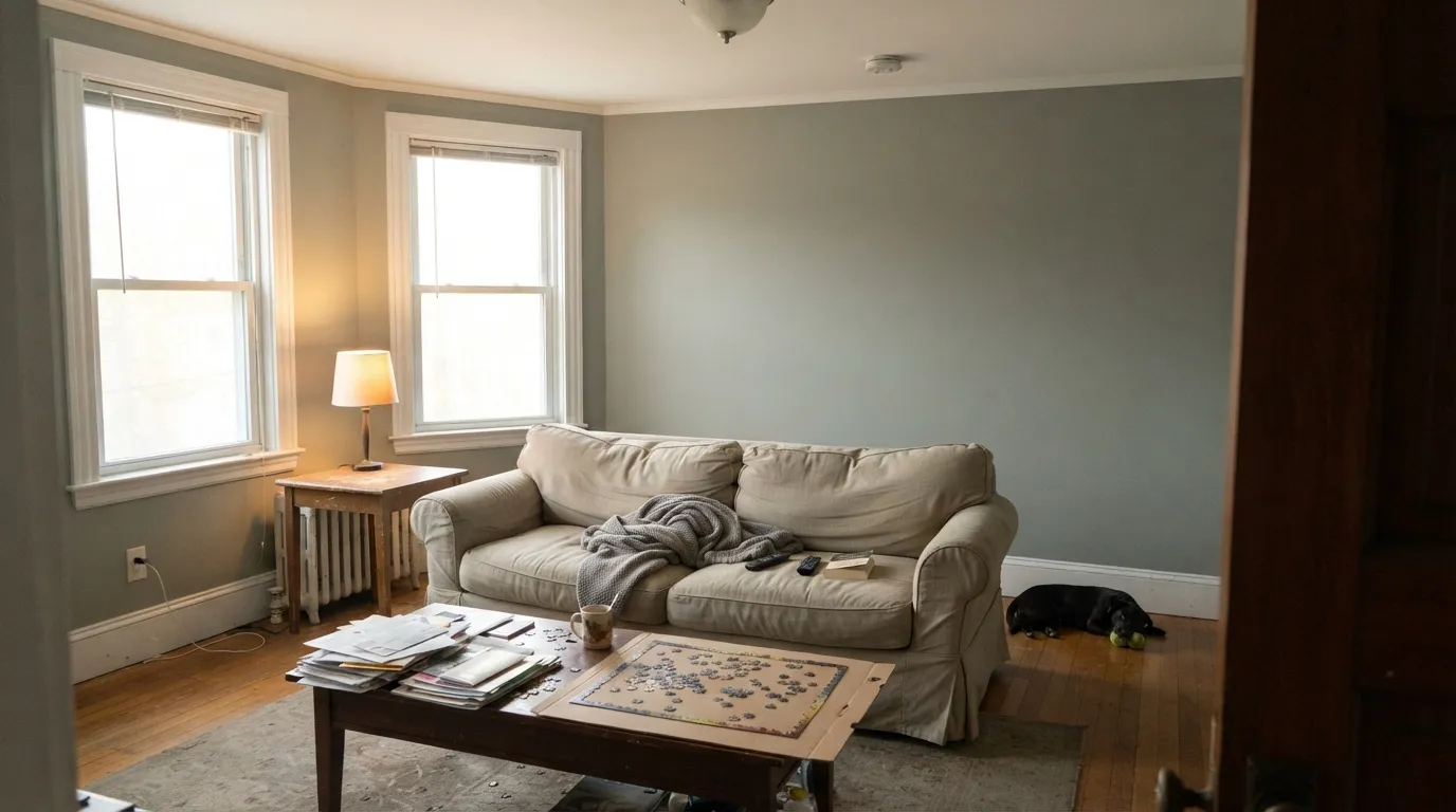 Late afternoon in a west-facing living room, where the green is easy to see against Alabaster trim and warm oak.