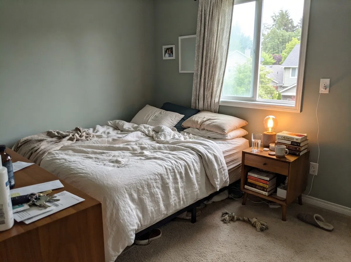 Morning south light in a bedroom, with a warm bedside lamp keeping the green alive after dark.