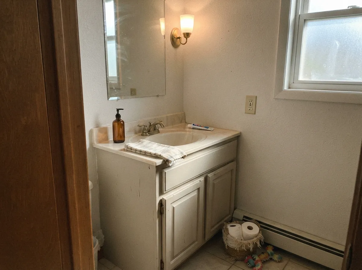 The same warm cabinet strength, scaled down to a vanity — clean and finished, not sterile.