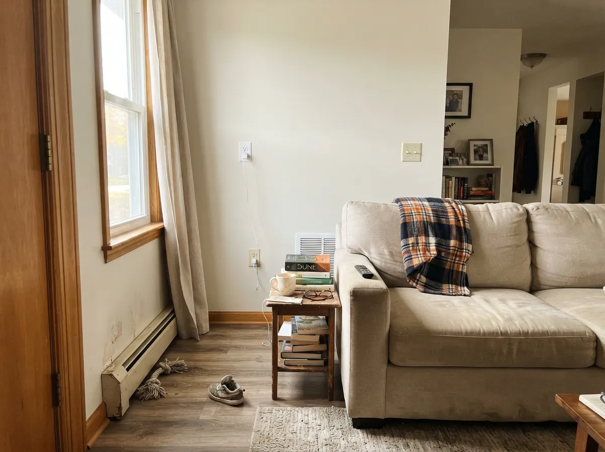On walls in real daylight it stays warm and quiet — pale enough to disappear, in a good way.