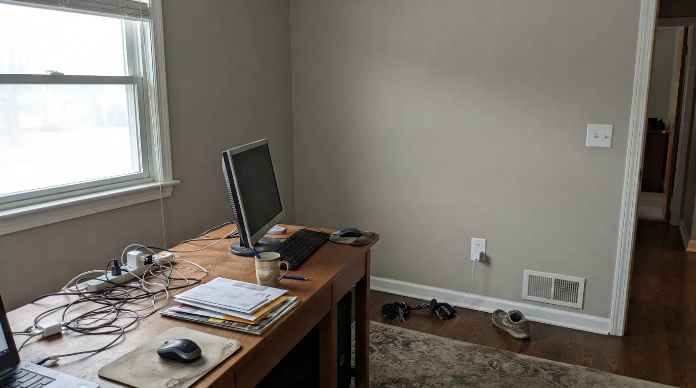 The honest shot: cool north light with no warm lamps drains the color flat — the exact situation that turns a warm off-white into plain gray-beige.
