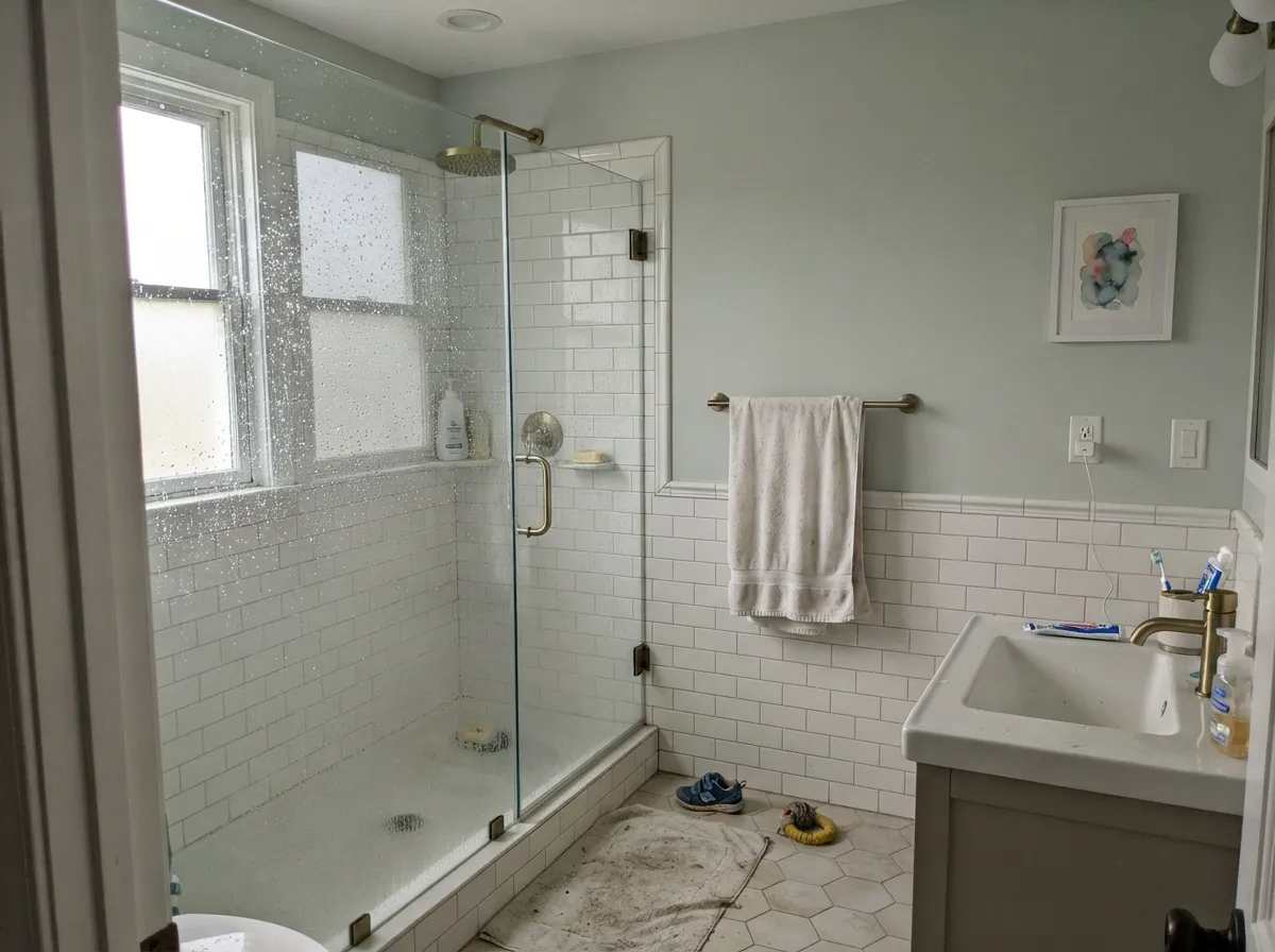 Sea Salt bathroom walls with white tile and brushed brass fixtures.