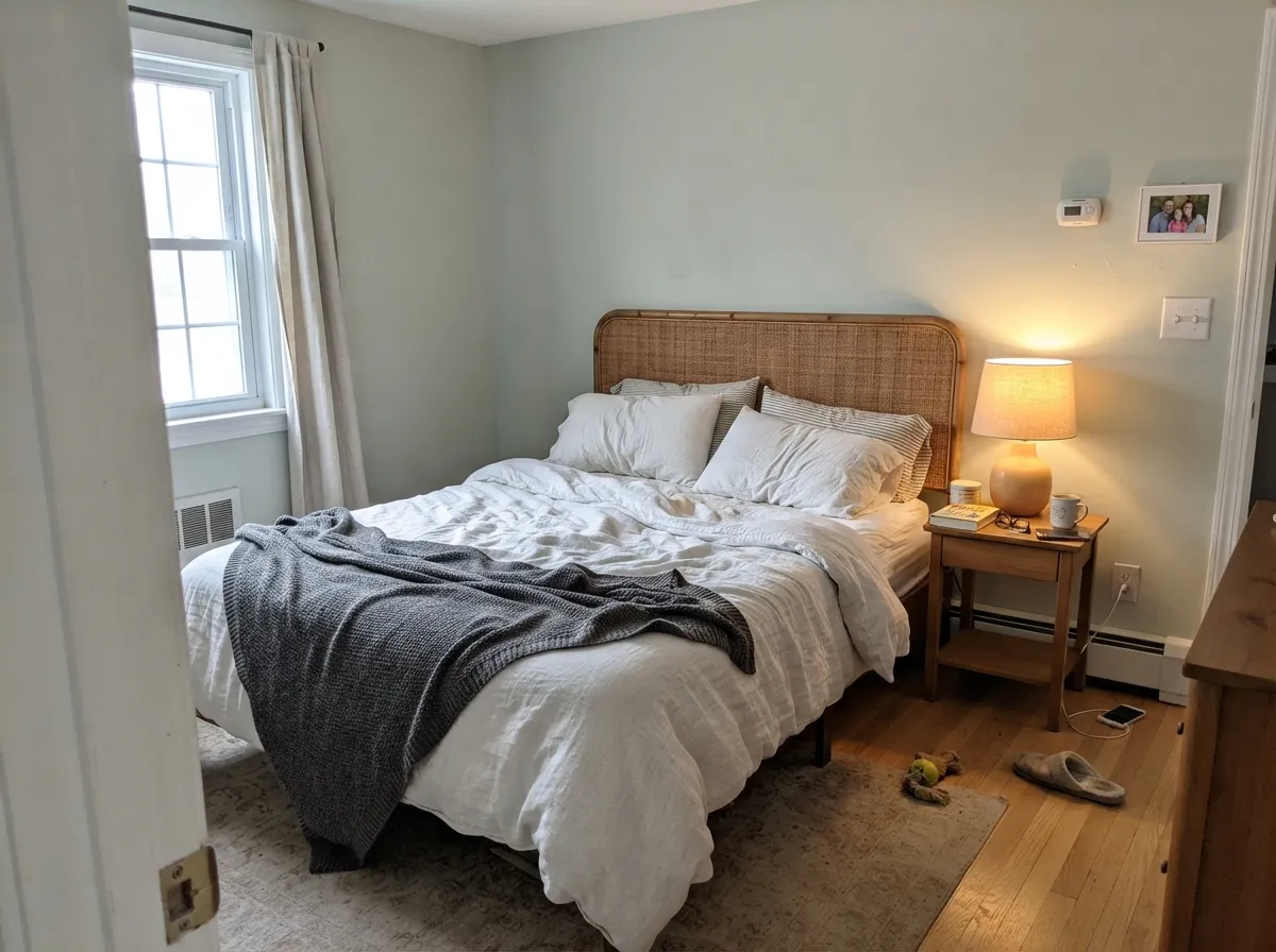 Sea Salt bedroom walls with rattan headboard, linen bedding, and light oak floors.