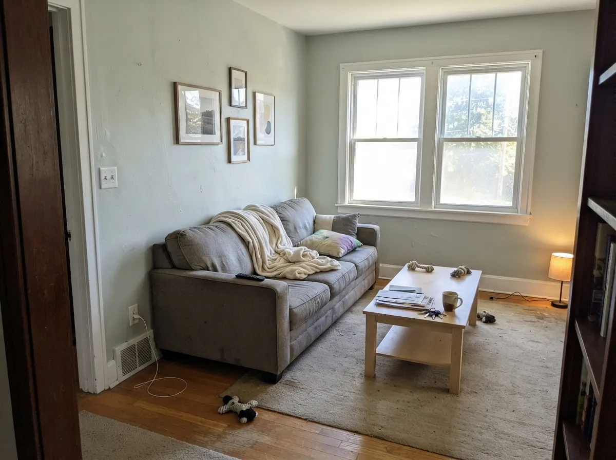 Sea Salt living room walls in south-facing afternoon light.