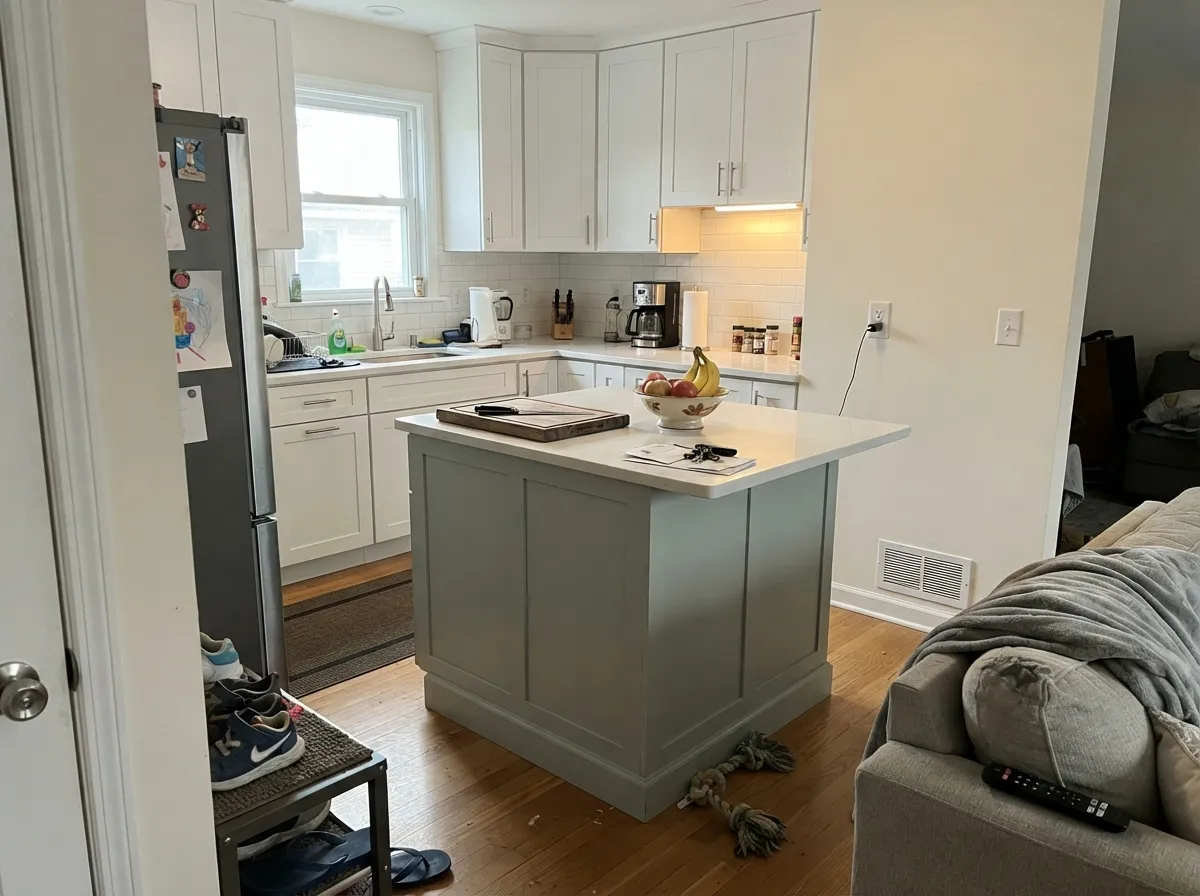 Sea Salt kitchen island with white upper cabinets and white quartz counters.