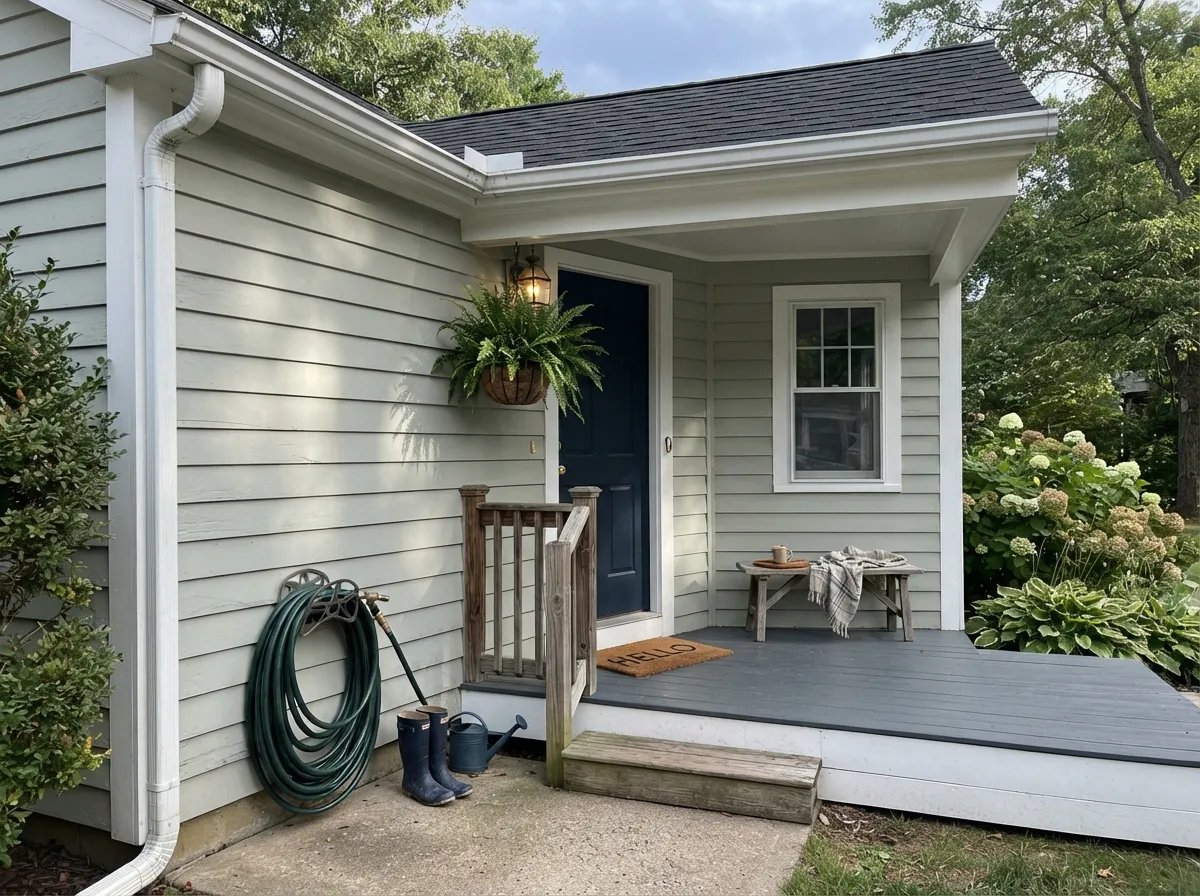 Sea Salt exterior siding in shaded coastal light with white trim and dark door.