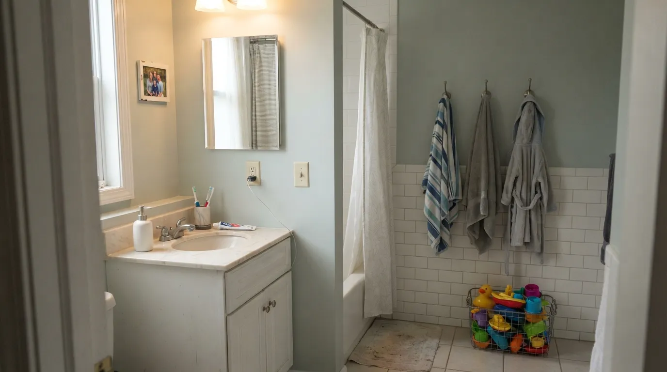 The classic Sea Salt bathroom — against clean white tile in real daylight it reads spa-green, exactly what everyone came for.