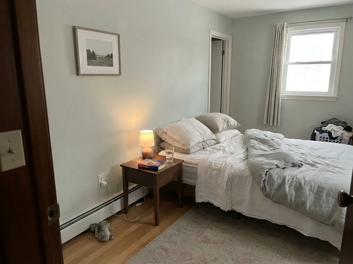 In a south bedroom it behaves like a colored neutral — calm, light, never loud.