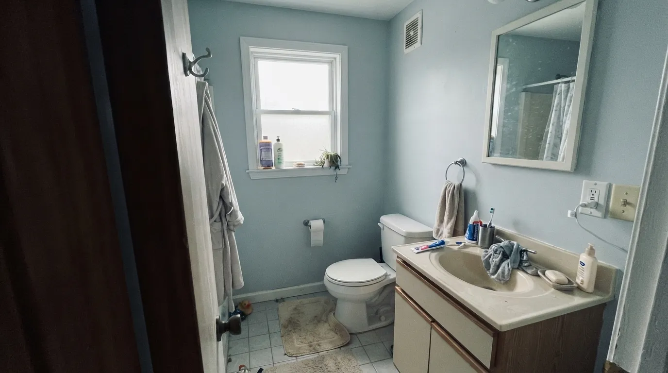 The famous failure, staged honestly: cool north light kills the green and pulls the blue forward — "why is my bathroom blue?"
