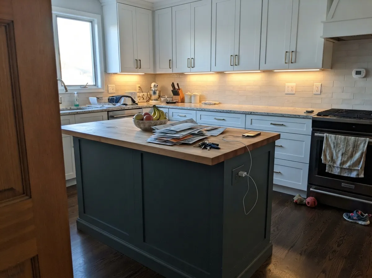 The reliable move: white perimeter cabinets, Sea Serpent island. One saturated note in an otherwise quiet kitchen.
