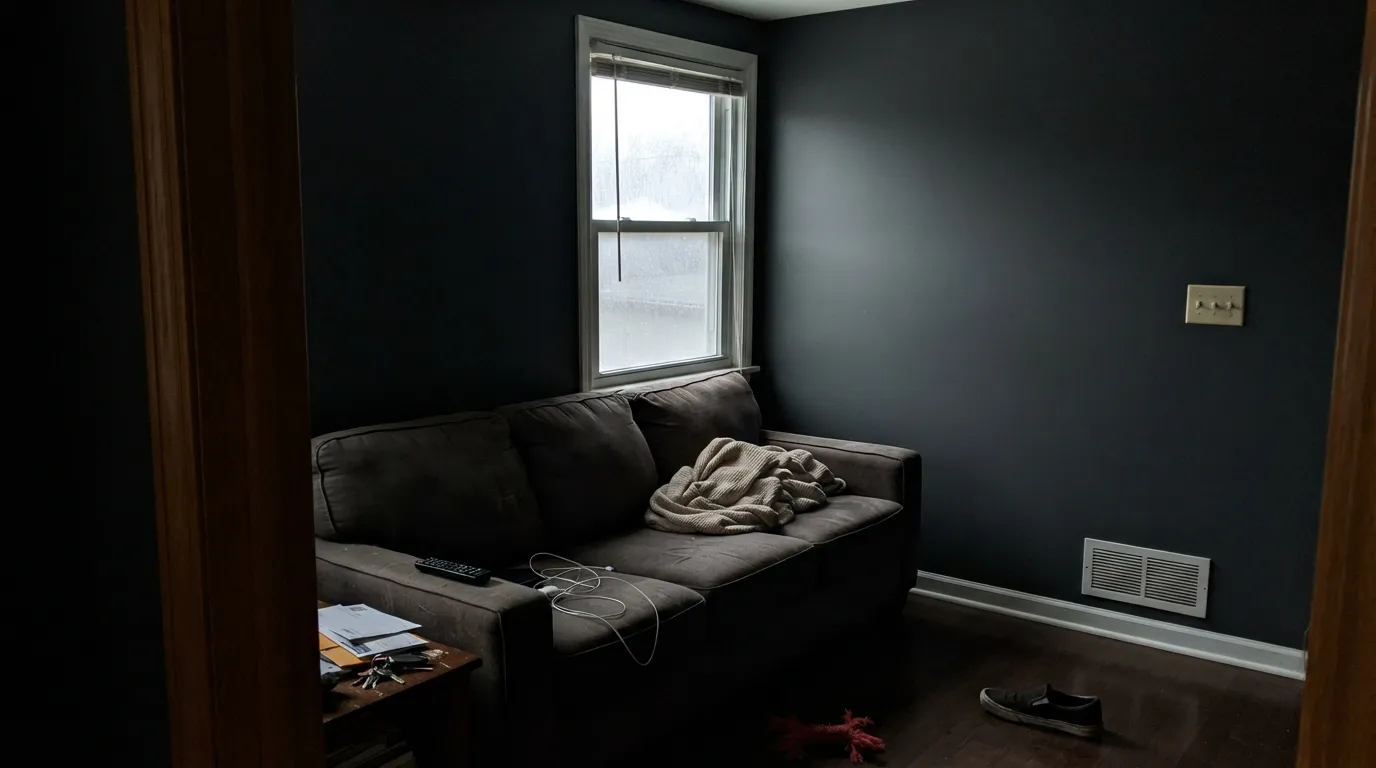 The honest shot: a dim, lamp-free north room with no warm light to work with. The color goes flat and featureless — this is the situation behind most disappointed reviews.