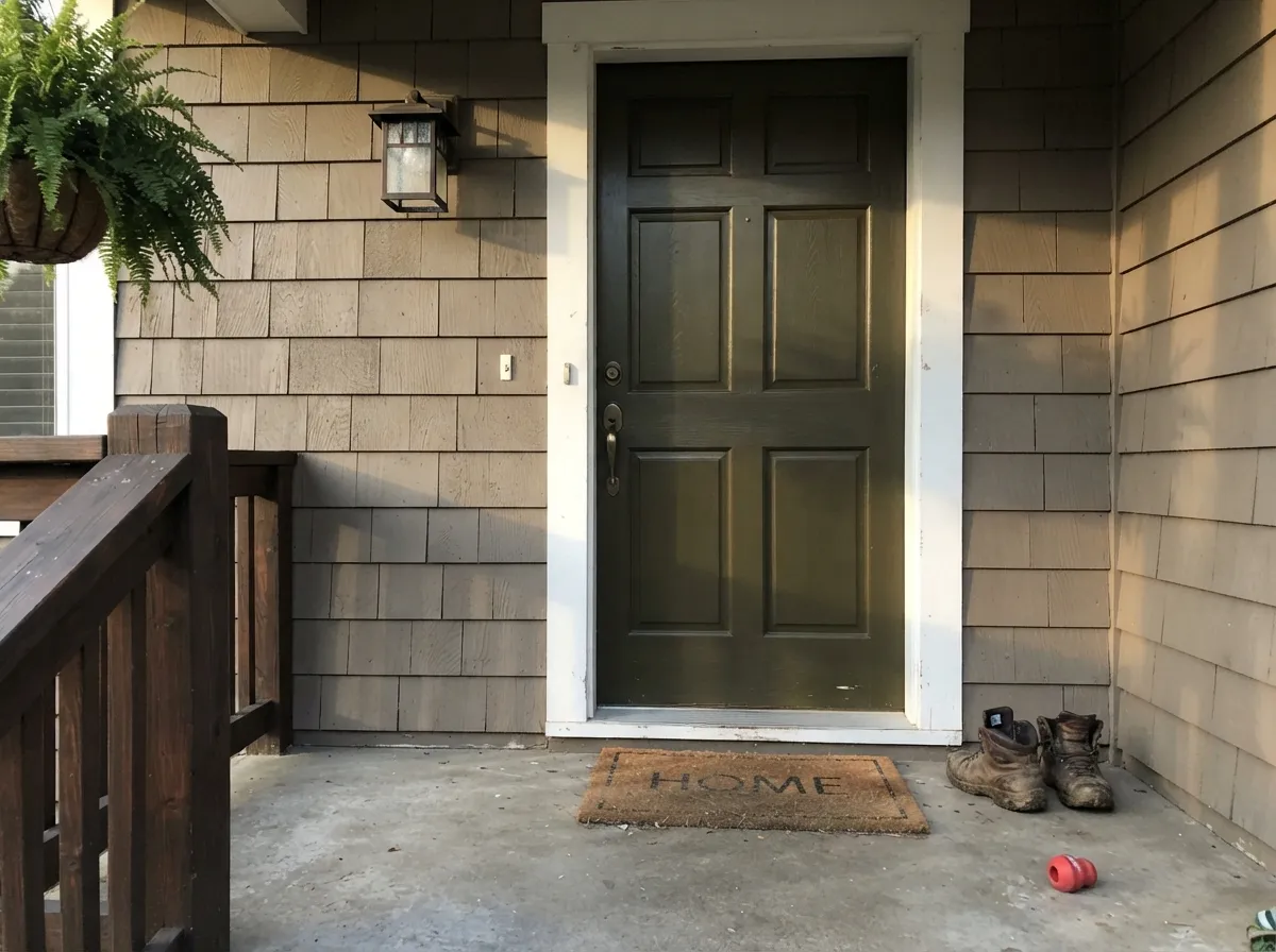 In full exterior daylight against white trim, the bronze-green undertone reads unmistakably as green — its best exterior job.