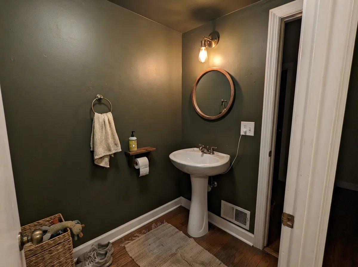 Drenched in a small room with a real light fixture doing the work daylight can't — cozy and deliberate, not a cave.
