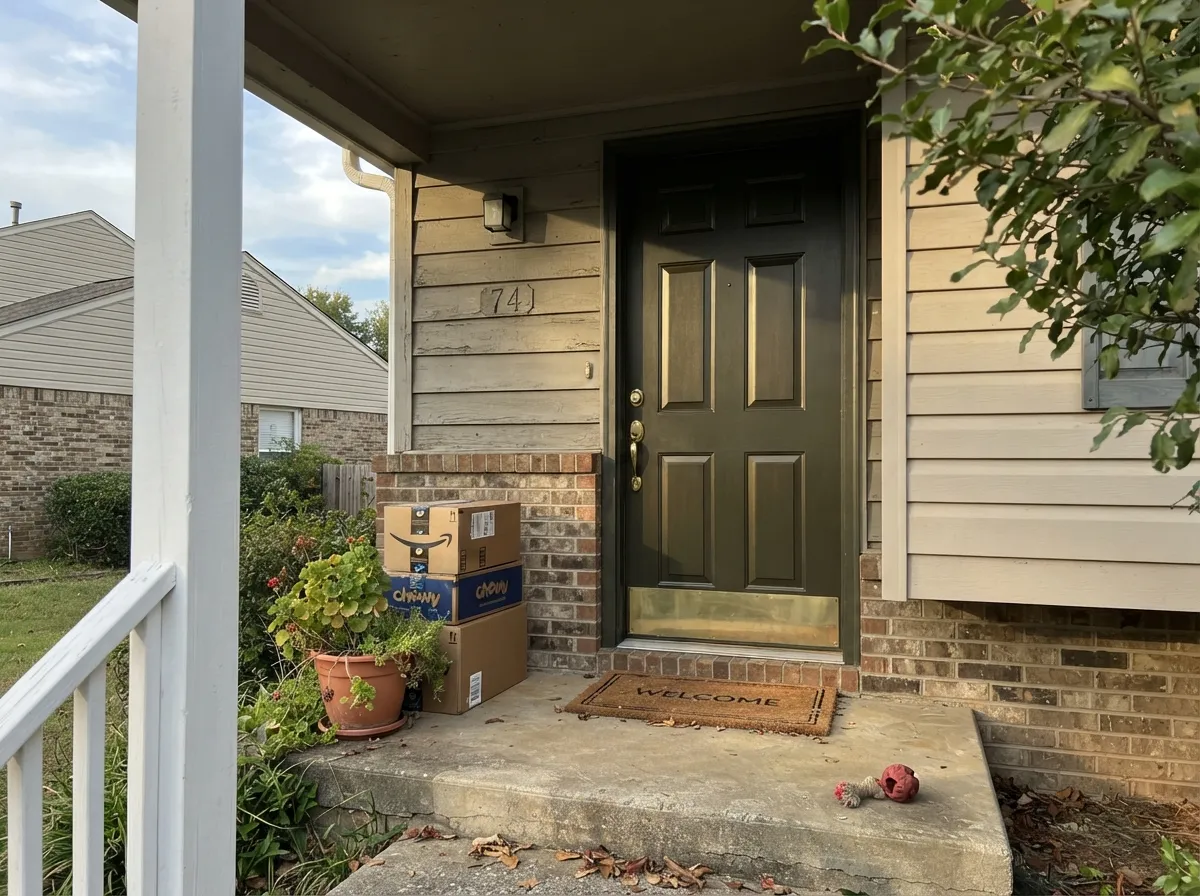Full sun turns the door a rich, faintly bronzed dark green instead of the flat black on every other door on the street.