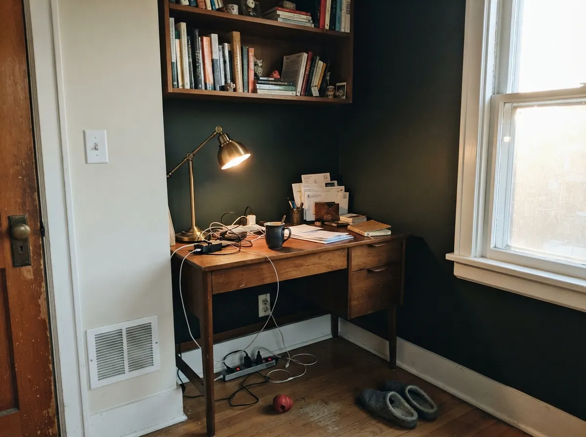 One wall, real afternoon light, walnut and brass — the combination where the green in Shade-Grown reads as intentional, not just dark.