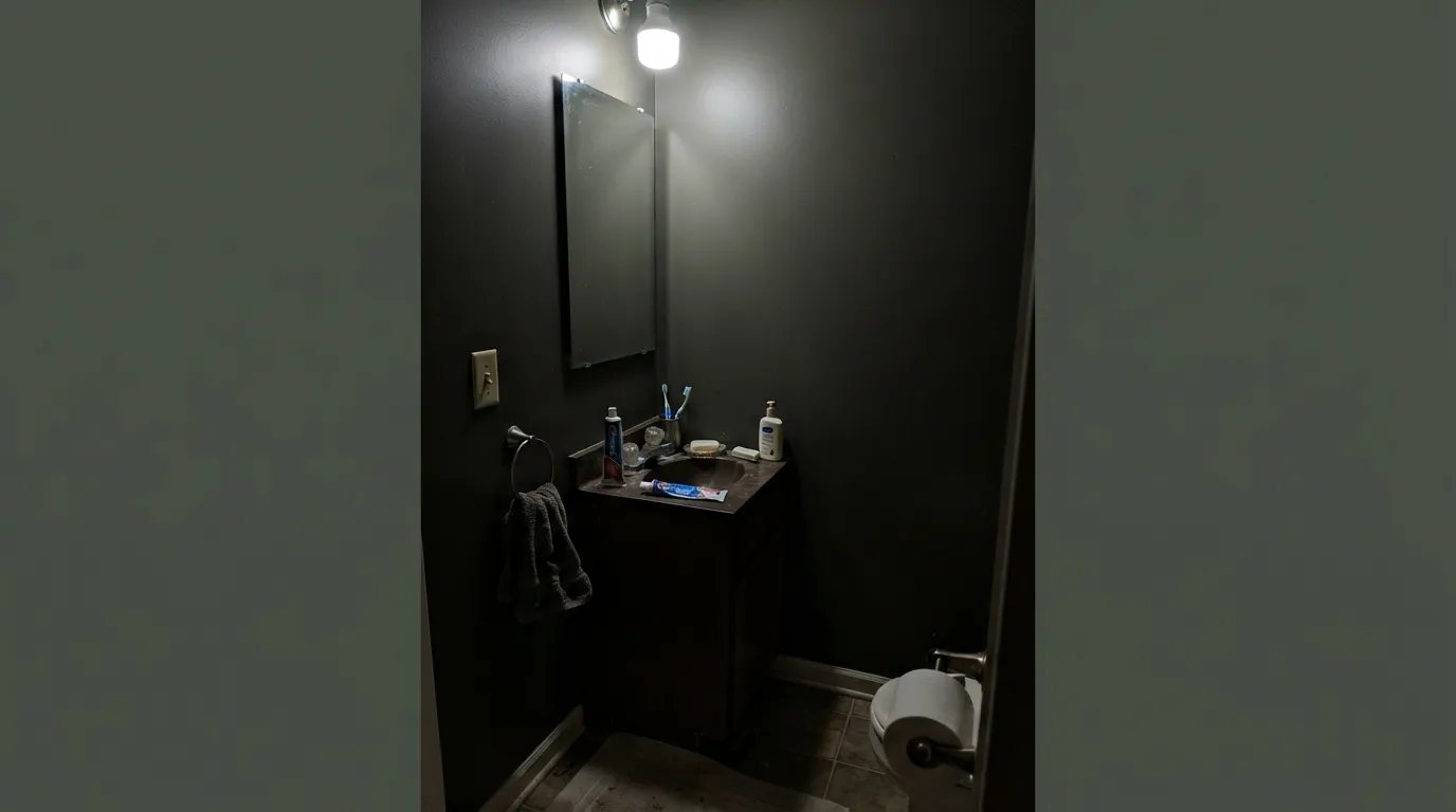 The honest shot: no daylight, one cool LED, and Shade-Grown just reads black — the green promised by the name is nowhere to be found.