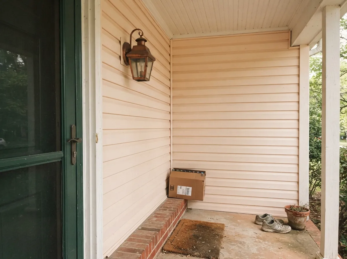 Against copper and brick the peach undertone comes forward clearly — the pairing that made this color a farmhouse regular.