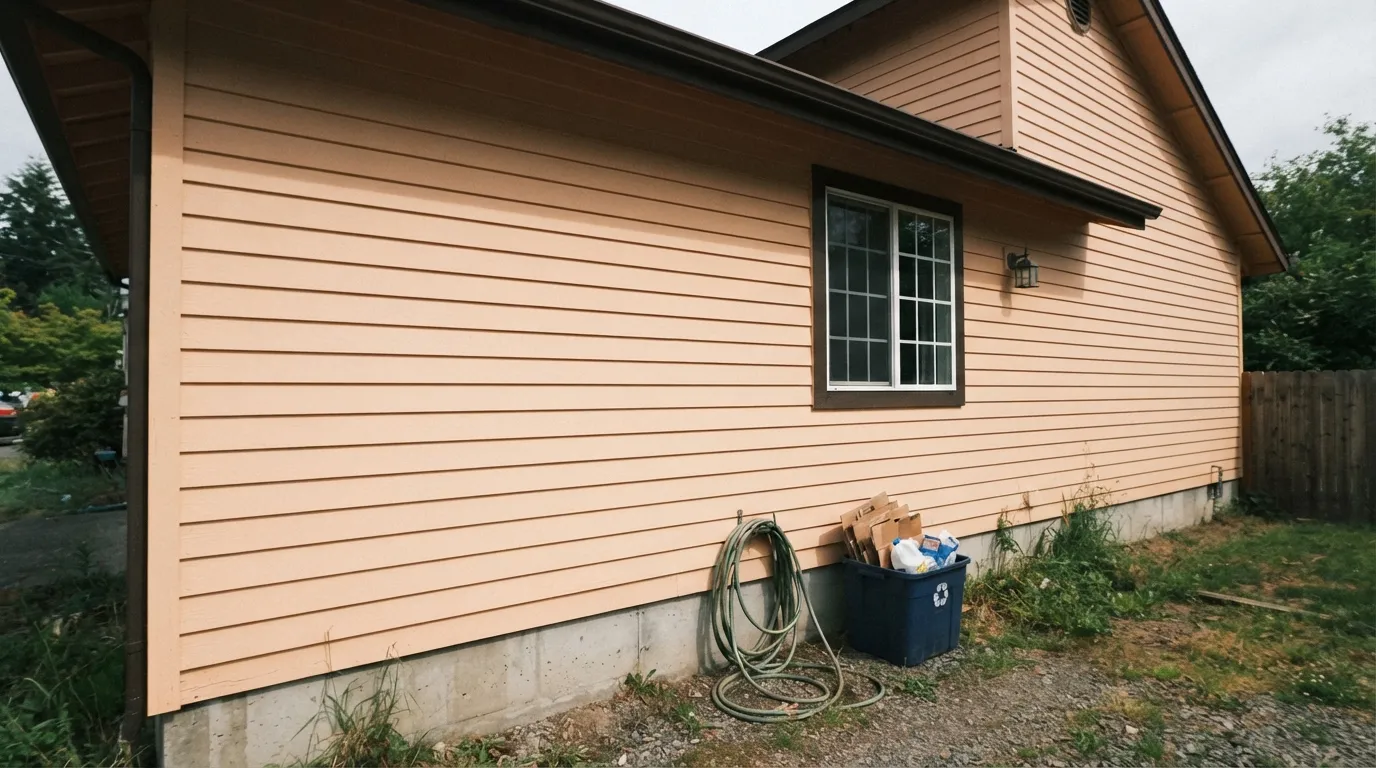 The honest shot: the shaded side of the same house, same paint. The peach comes forward hard here — this is the elevation that surprises homeowners who only sampled the sunny wall.