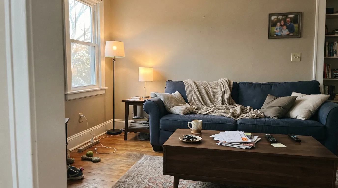 Shiitake with a navy sofa in warm afternoon light — the pairing owners reach for, and the light where the taupe reads truest.
