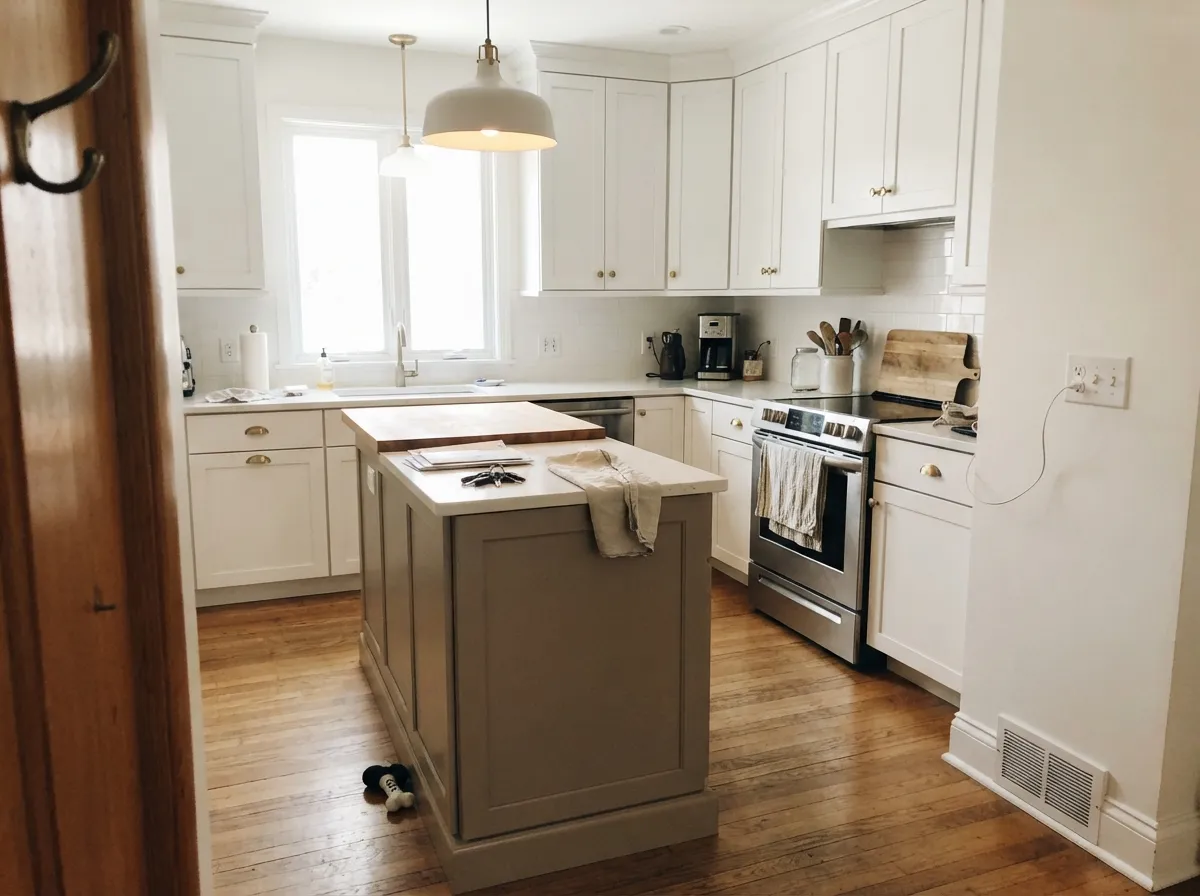 On an island against white cabinets and brass hardware, the taupe reads warm and deliberate rather than gray.