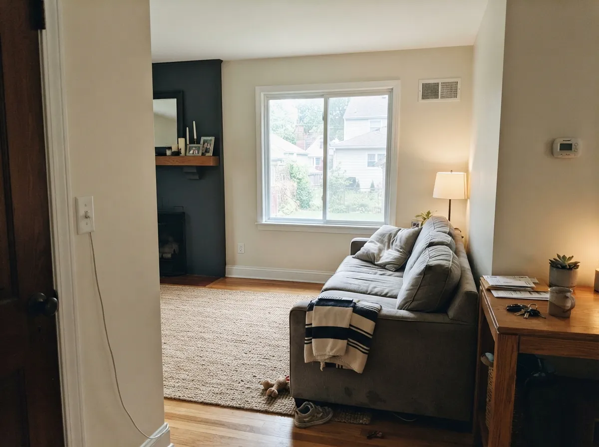 Shoji White living room walls in warm daylight with oak furniture and a jute rug.