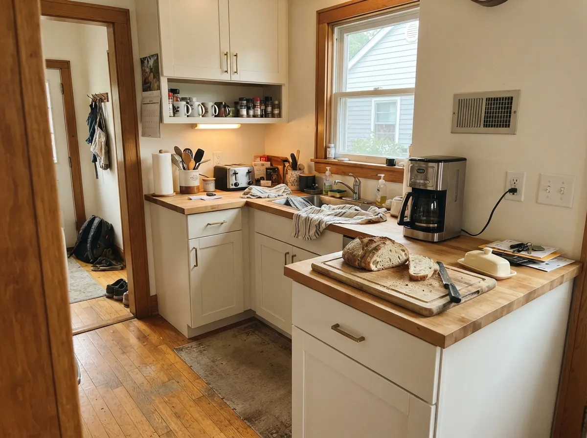 Shoji White satin shaker cabinets with butcher block counter and brass pulls.