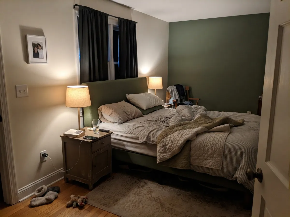 Shoji White bedroom walls glowing warm under bedside lamps at night.