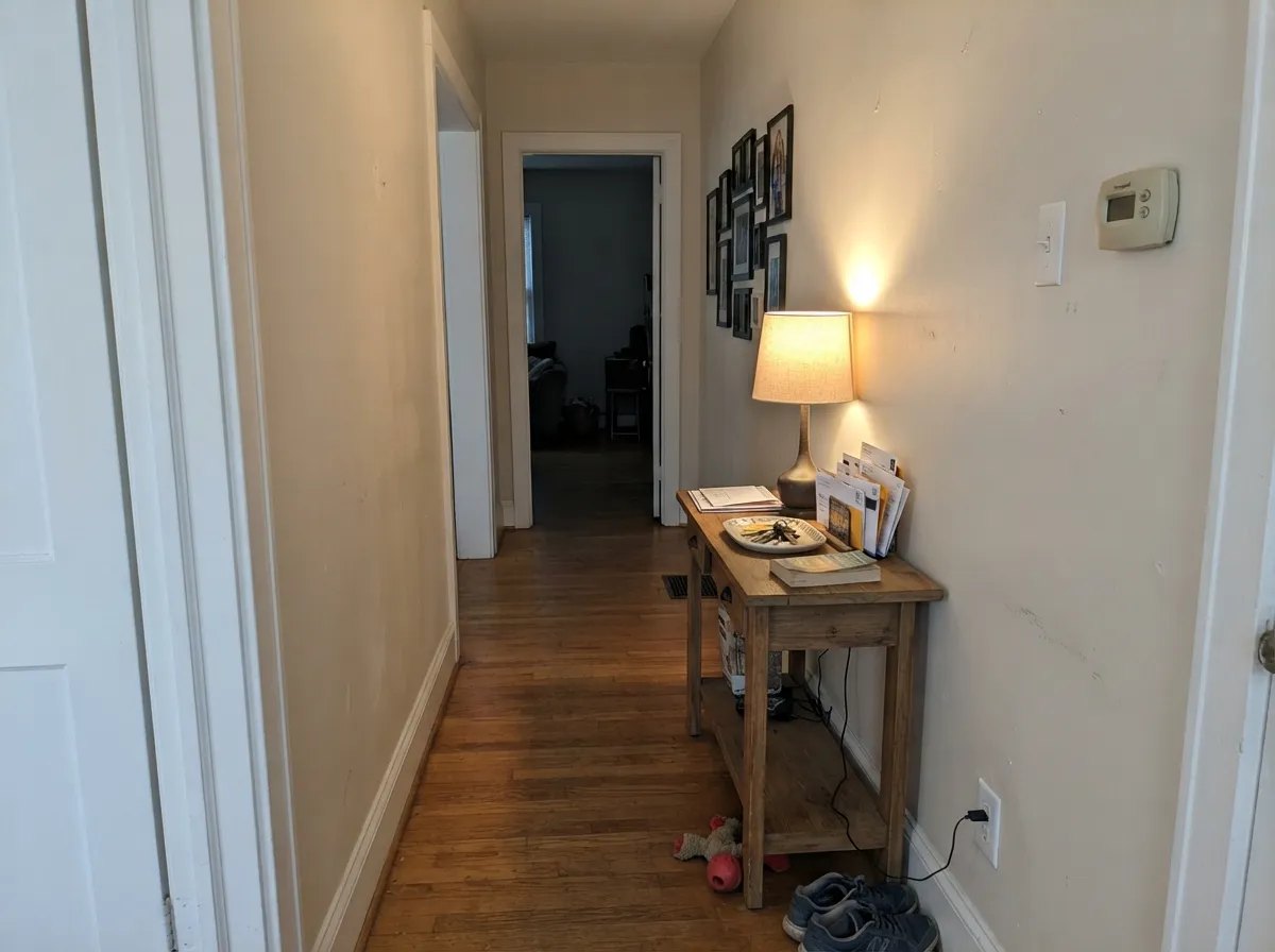 Shoji White carried through hallway and whole-house walls with consistent white trim.