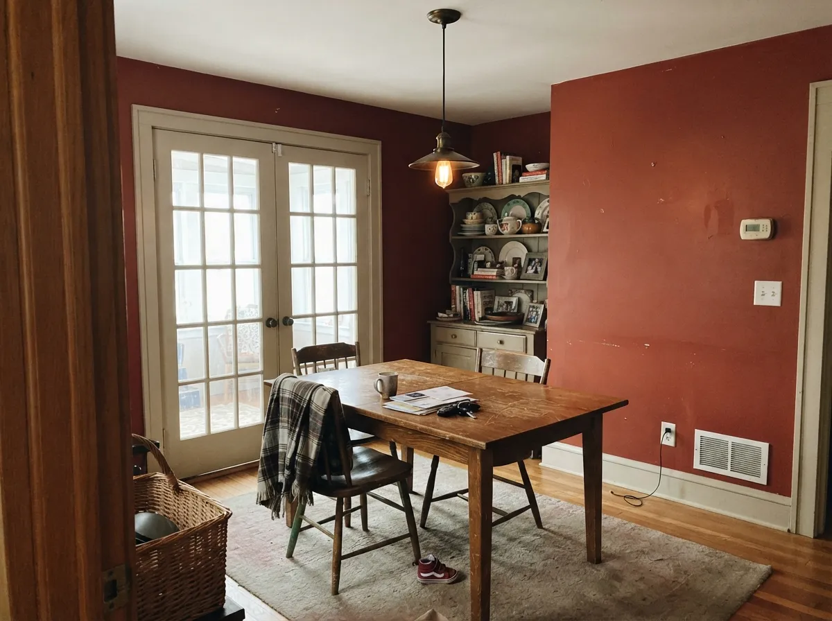 Shoji White semi-gloss trim and doors against deep clay-colored walls.