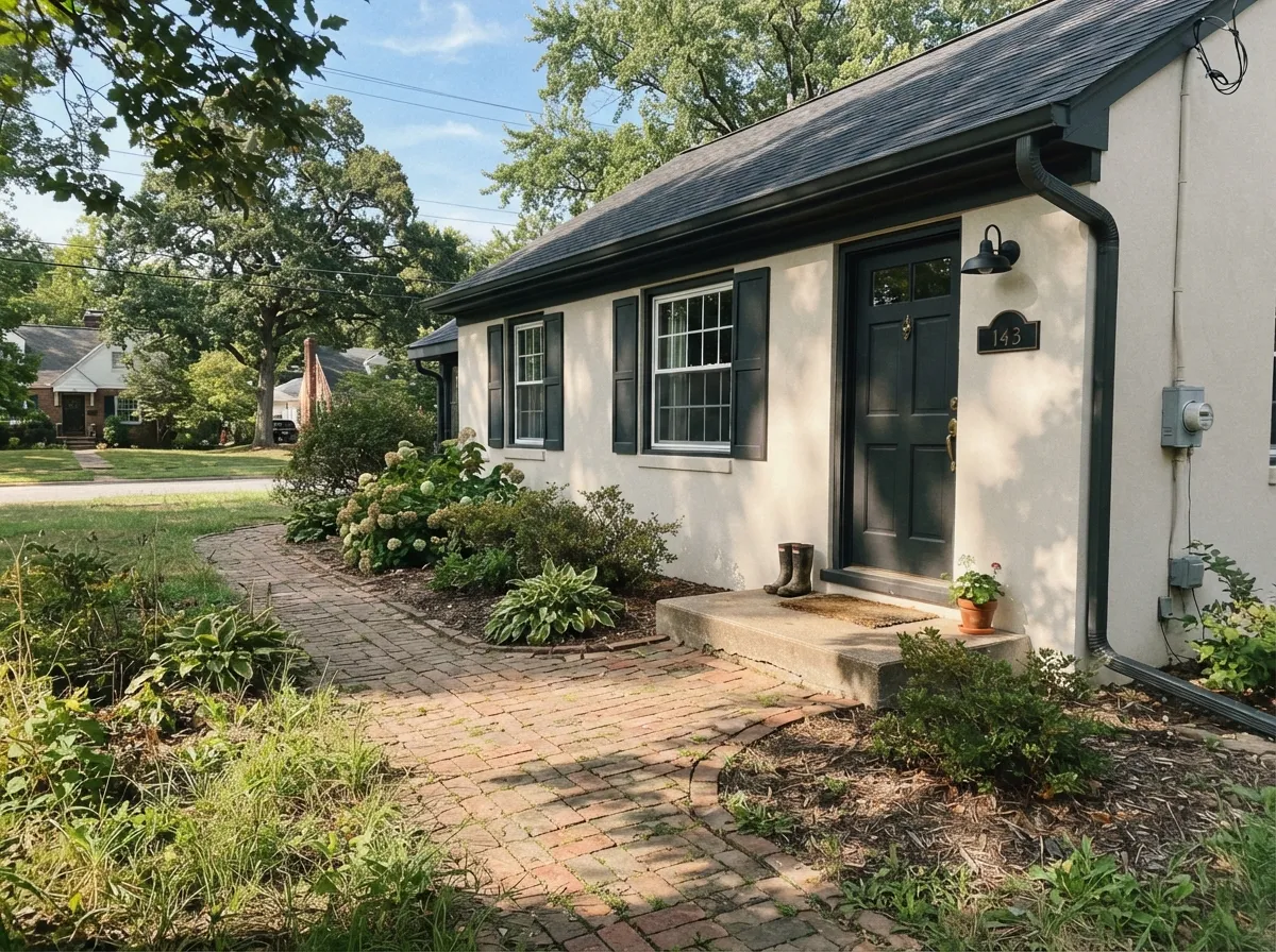 Shoji White exterior siding on stucco with dark charcoal trim and shutters.
