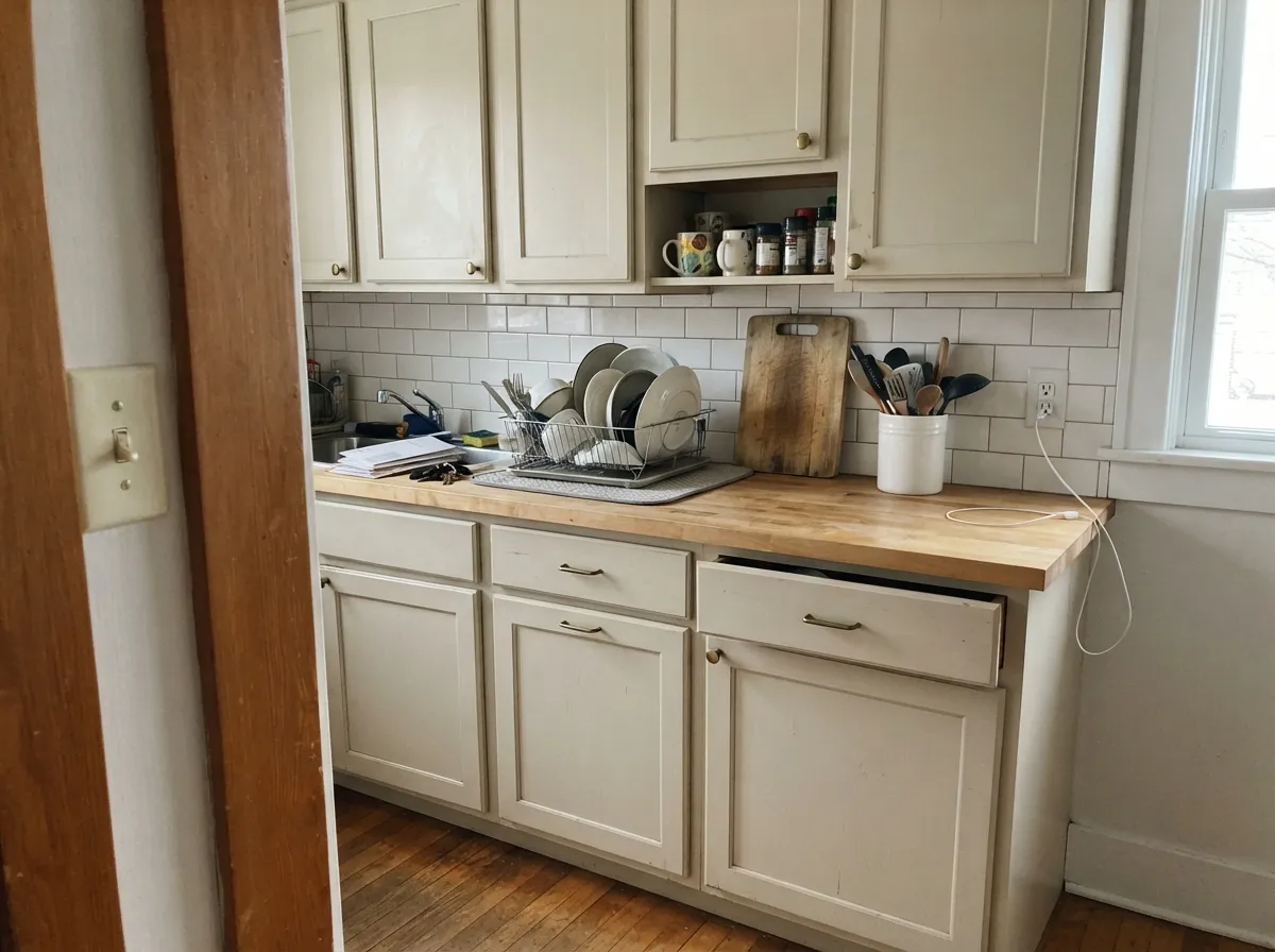 On shaker doors next to butcher block and brass, the warmth reads soft and lived-in instead of factory white.