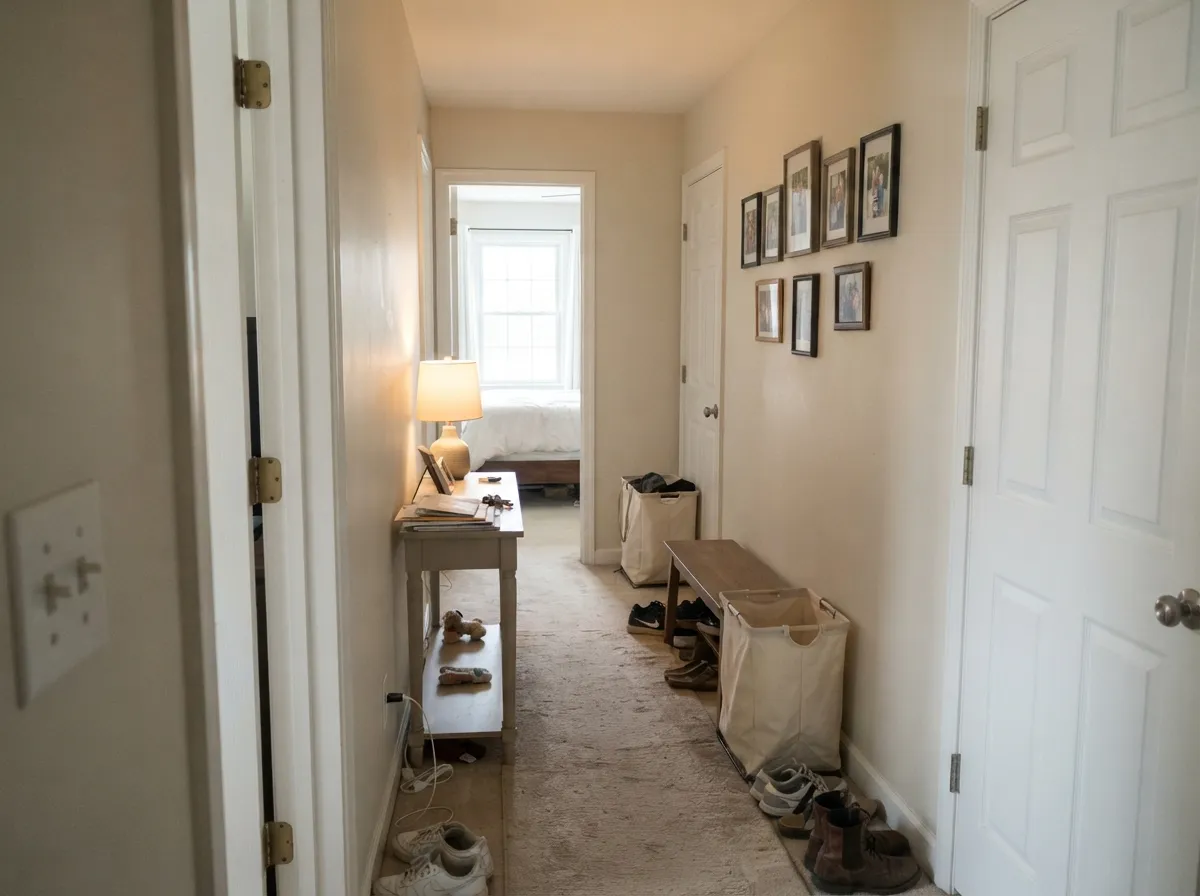 The whole-house test: in a windowless hallway it stays light and warm instead of going dark or turning builder-beige.
