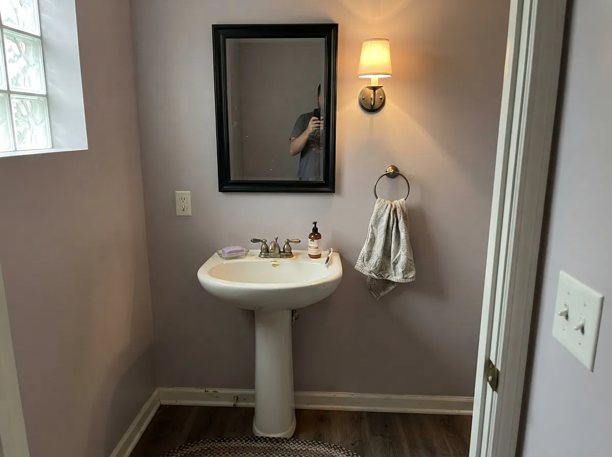 With brass hardware and a black mirror frame, the color reads custom and quietly expensive.