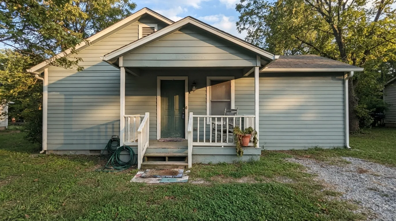 The pairing that made this color famous: Silver Strand siding with white trim and black shutters, warm sun pulling the green forward.