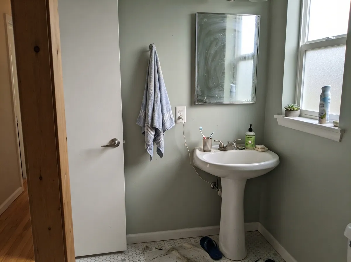 Its best room — in a bright bathroom the blue-green shift reads spa-calm instead of confusing.