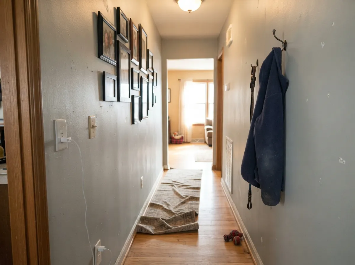 The whole-house test: a hallway is where a chameleon color earns its keep, carrying room to room without picking a fight.