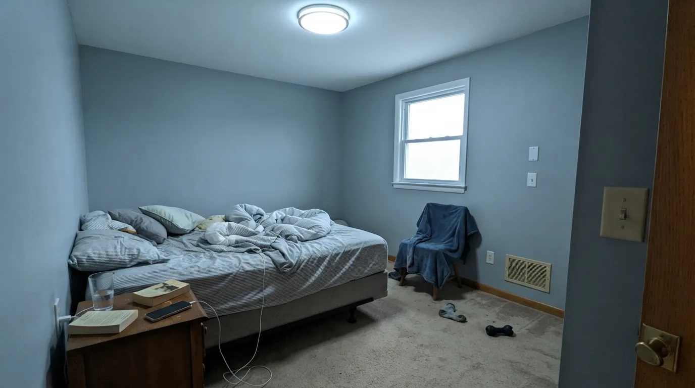 The honest shot: cool light, a north window, and cool-white bulbs turn the green pigment off entirely — this is the room behind the "I wanted gray, not blue" reviews.