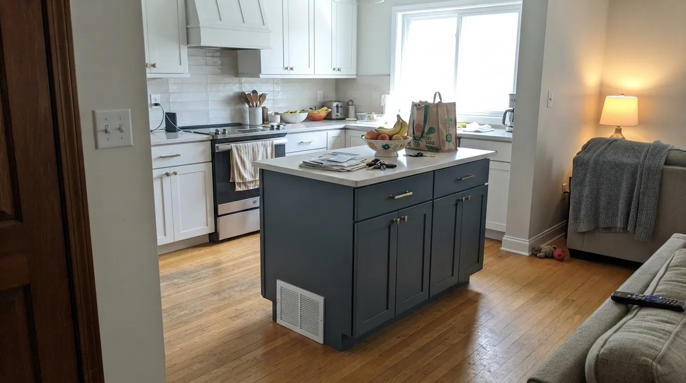 Slate Tile doing its signature job: one dark island against white cabinets and brass — the modern-farmhouse pairing it keeps getting specified for.