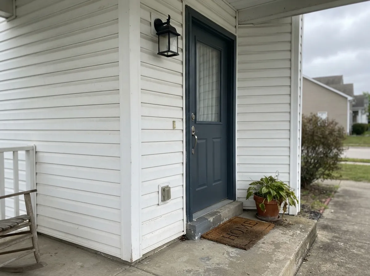 Against white siding it reads as a confident near-navy statement — outdoors it looks a touch lighter and bluer than the paint chip suggests.