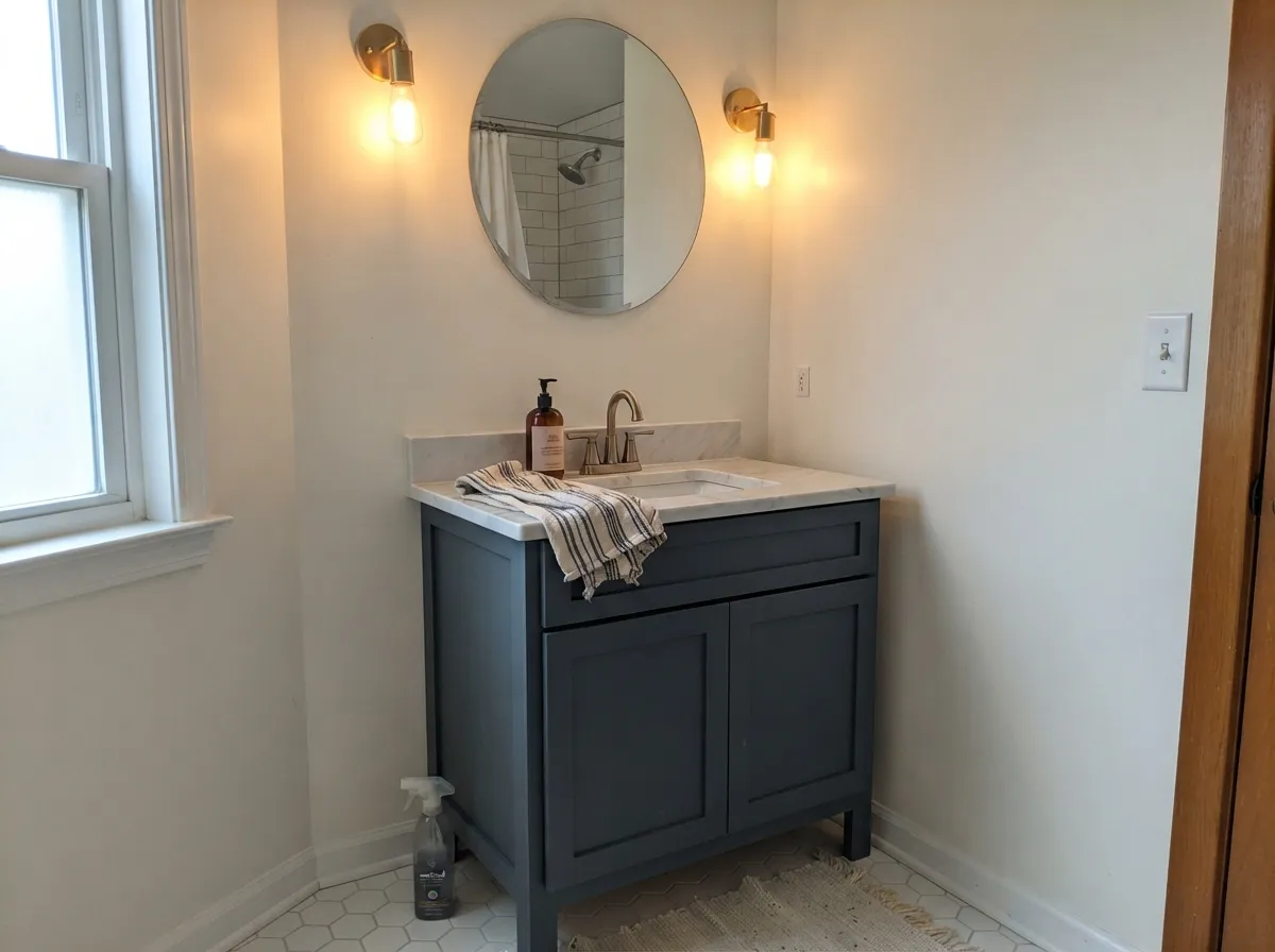 The other steady designer move: a Slate Tile vanity under white marble and brass — enough color to feel custom, small enough to commit to easily.