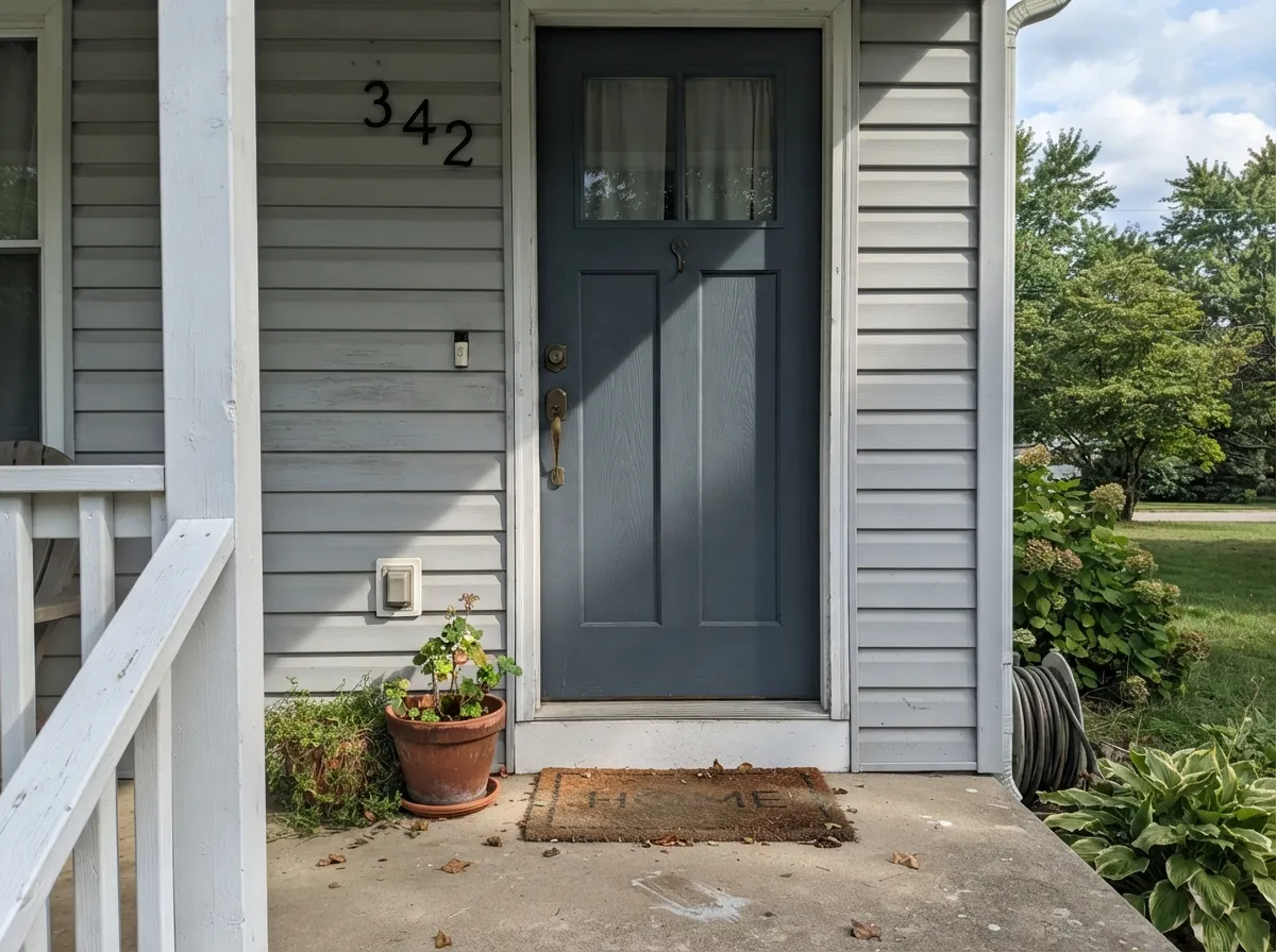 On a front door in full sun the blue reads clean and coastal, not heavy — one of its strongest jobs.