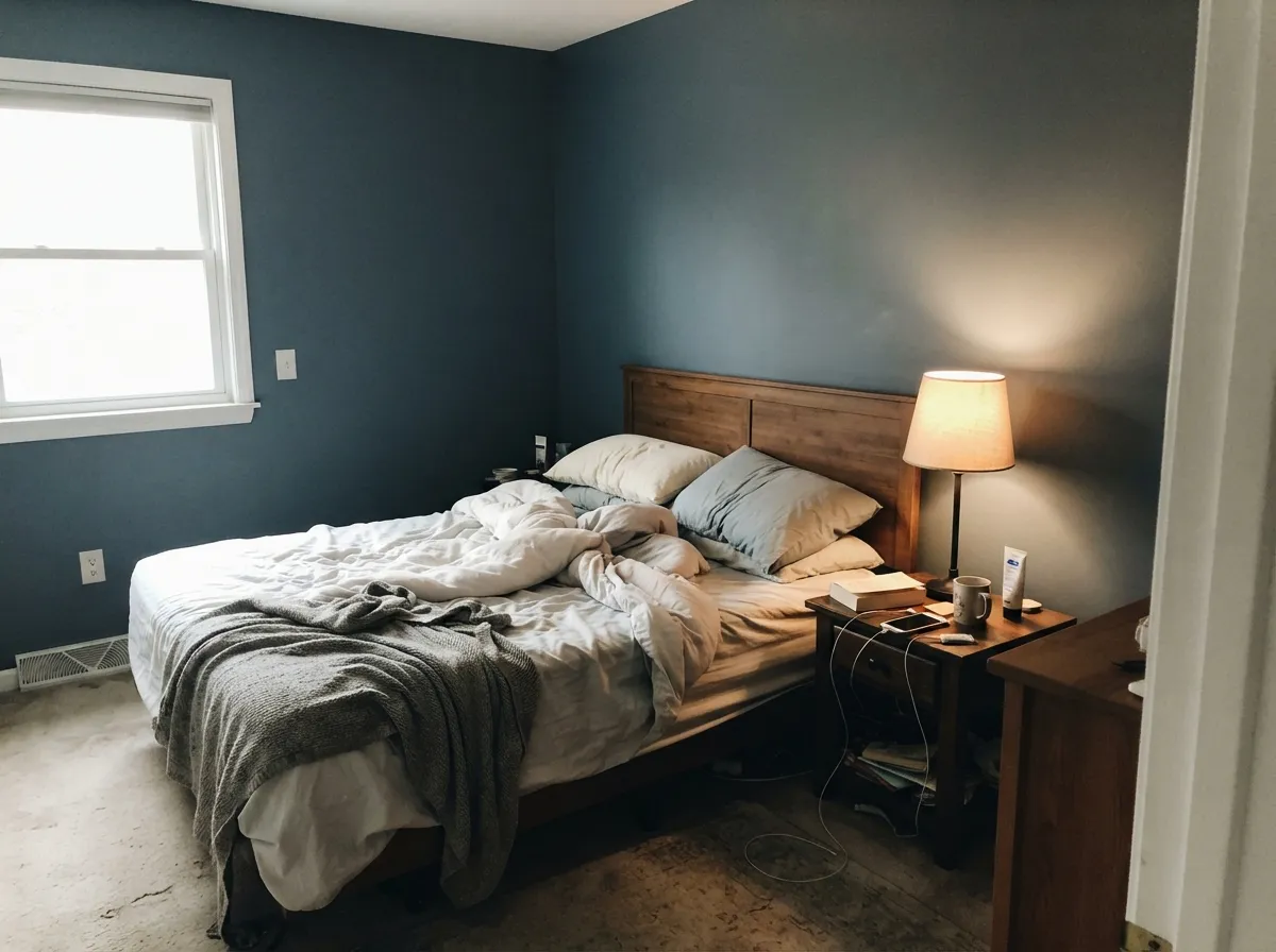 In a daylight bedroom the color stays clearly blue and calm — under the lamp at night it settles toward a quieter charcoal-blue.