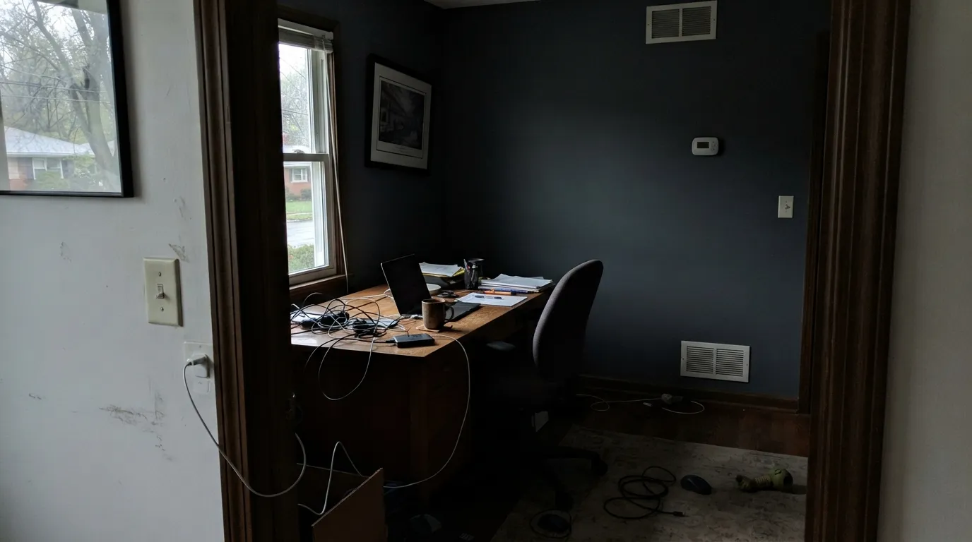 The honest shot: no lamps, no direct sun, cool north light — the blue disappears and the wall just looks dark. This is the light where Smoky Blue disappoints.