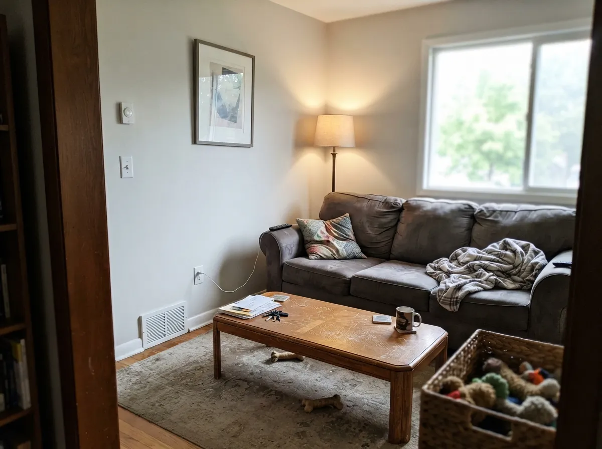 Snowbound living room walls in bright daylight.