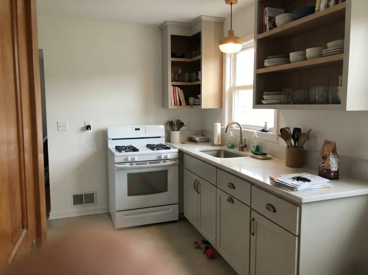 Snowbound kitchen cabinets with brass and matte black hardware.